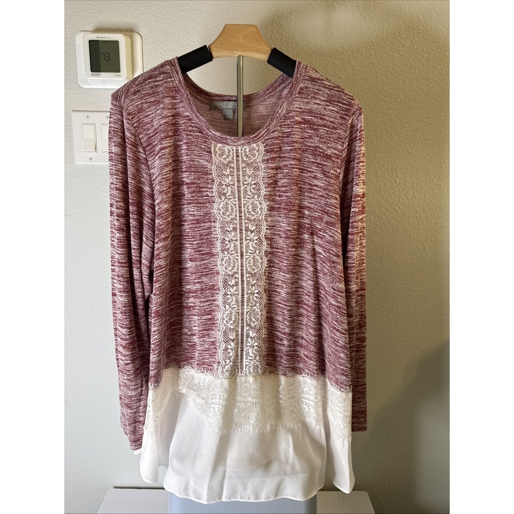 Valerie Stevens Women's Lace Lined Long Sleeve Top Red w/White Trim‎ Size 2XL